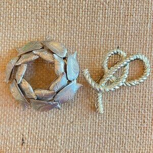 Silvertone brooches pins with leaf wreath circle and twisted rope loop VINTAGE